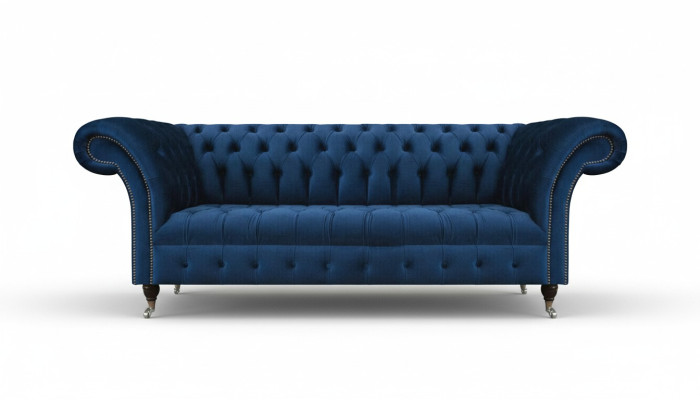 Canapé Chesterfield bleu foncé pour salon, canapé trois places design.