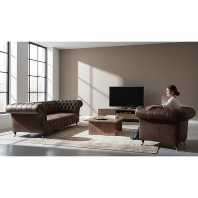 Canapé Chesterfield en simili cuir marron pour salon, trois places, deux places.