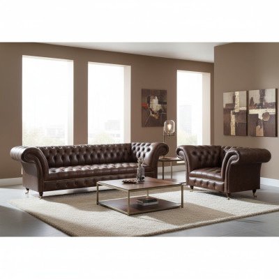 Canapé Chesterfield en simili cuir marron pour salon, trois places, deux places.