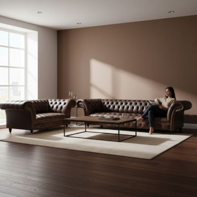 Canapés Chesterfield en similicuir brun, design, ensemble 2 pièces pour salon.