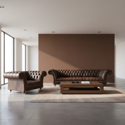 Canapés Chesterfield en similicuir brun, design, ensemble 2 pièces pour salon.