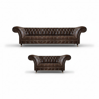 Canapés Chesterfield en similicuir brun, design, ensemble 2 pièces pour salon.