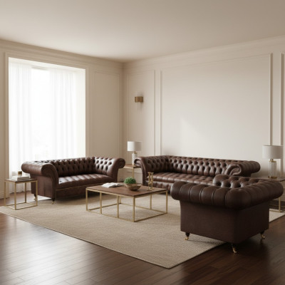 Salon Chesterfield en cuir marron 4 places canapé deux places fauteuil.