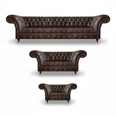 Salon Chesterfield en cuir marron 4 places canapé deux places fauteuil.