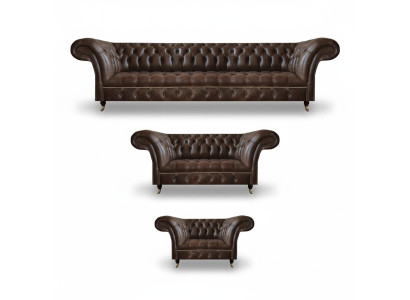 Salon Chesterfield en cuir marron 4 places canapé deux places fauteuil.