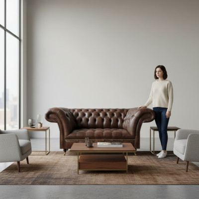 Canapé-lit Chesterfield en cuir marron, meuble design moderne pour salon.