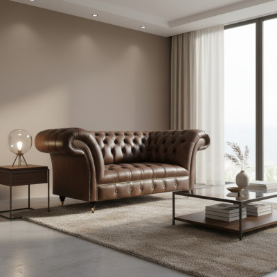 Canapé-lit Chesterfield en cuir marron, meuble design moderne pour salon.