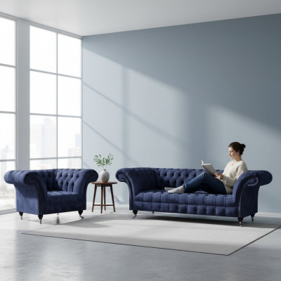 Ensemble de salon en tissu Chesterfield bleu, ensemble de deux pièces de mobilier rembourré pour le salon.