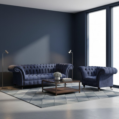 Ensemble de salon en tissu Chesterfield bleu, ensemble de deux pièces de mobilier rembourré pour le salon.