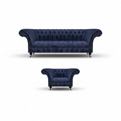 Ensemble de salon en tissu Chesterfield bleu, ensemble de deux pièces de mobilier rembourré pour le salon.