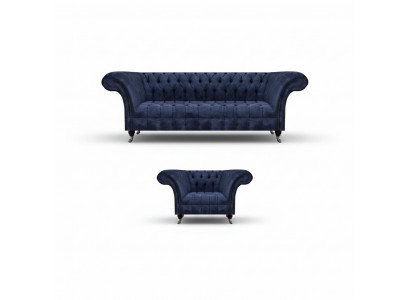 Ensemble de salon en tissu Chesterfield bleu, ensemble de deux pièces de mobilier rembourré pour le salon.