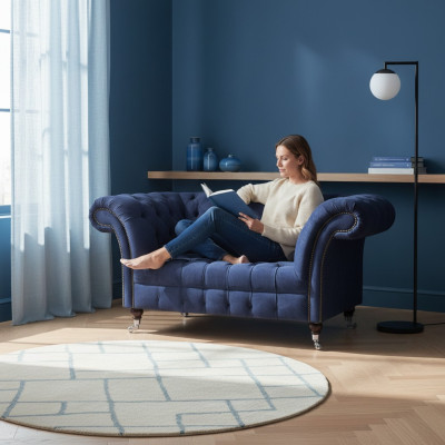 Chesterfield canapé bleu en tissu pour le salon, deux places, luxueux meubles de siège raffinés.