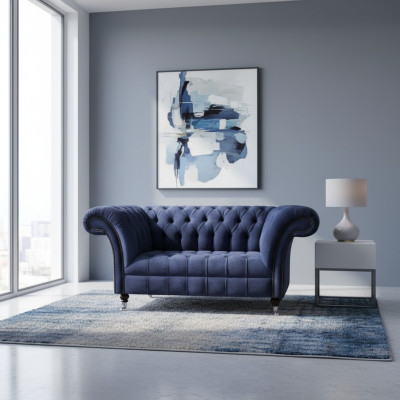Chesterfield canapé bleu en tissu pour le salon, deux places, luxueux meubles de siège raffinés.
