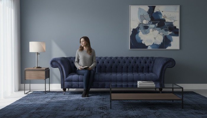 Canapés Chesterfield bleus pour salon, canapé quatre places, sofas rembourrés.