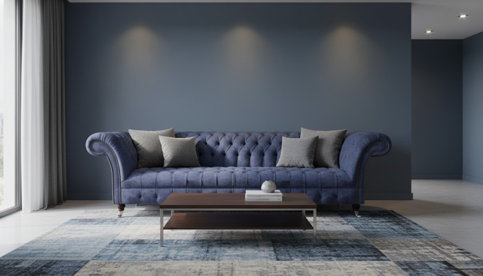 Canapés Chesterfield bleus pour salon, canapé quatre places, sofas rembourrés.