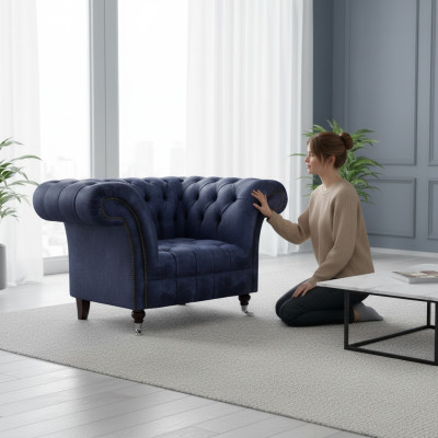 Fauteuil Chesterfield bleu marine une place pour salon, tissu rembourré, neuf