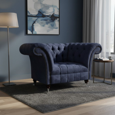 Fauteuil Chesterfield bleu marine une place pour salon, tissu rembourré, neuf