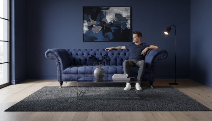 Canapé Chesterfield bleu foncé, sièges, canapés rembourrés en textile, meubles.