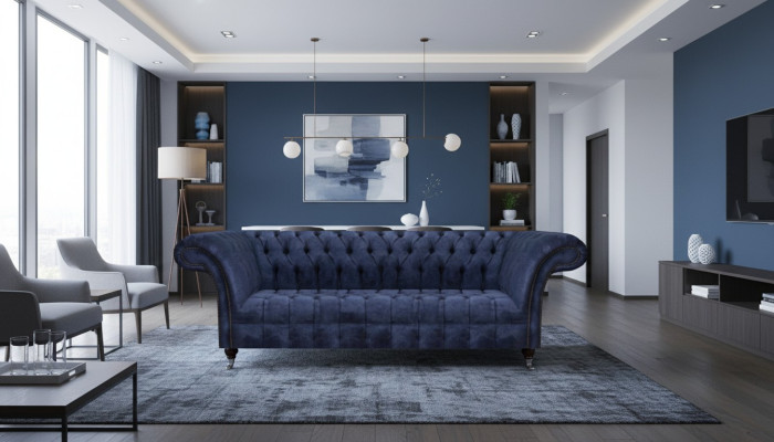Canapé Chesterfield bleu foncé, sièges, canapés rembourrés en textile, meubles.