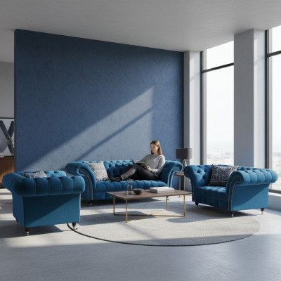 Chesterfield bleu canapé rembourré ensemble de salon canapé 3 places 3 pièces