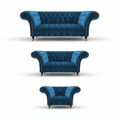 Chesterfield bleu canapé rembourré ensemble de salon canapé 3 places 3 pièces