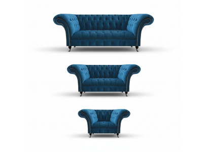 Chesterfield bleu canapé rembourré ensemble de salon canapé 3 places 3 pièces