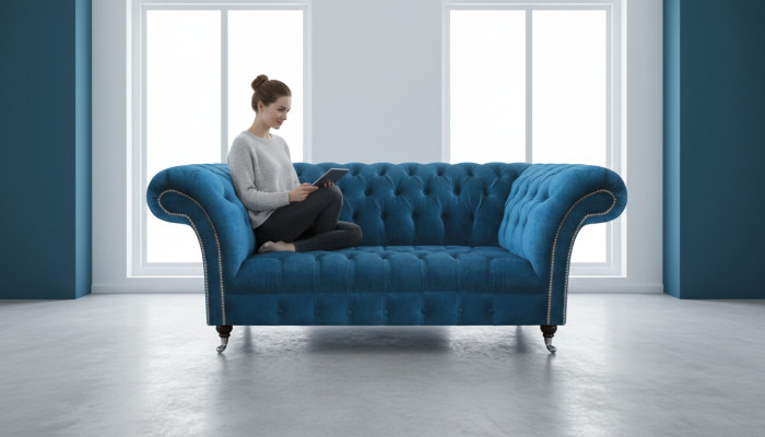 Canapé Chesterfield bleu de luxe pour salon, siège textile élégant trois places.