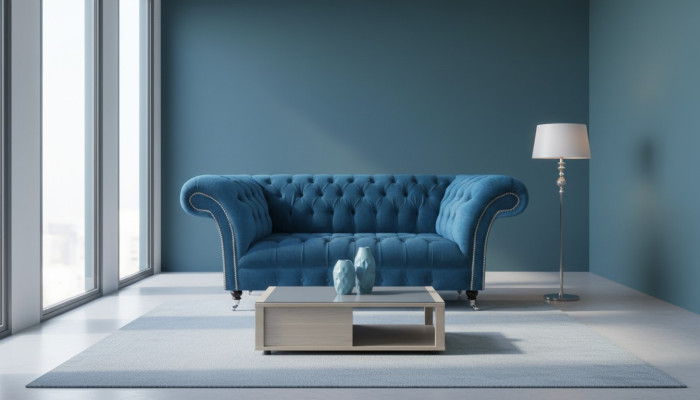 Canapé Chesterfield bleu de luxe pour salon, siège textile élégant trois places.