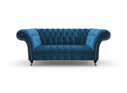 Canapé Chesterfield bleu de luxe pour salon, siège textile élégant trois places.