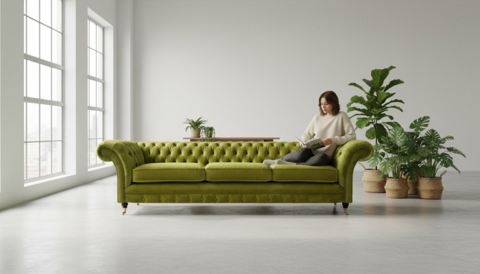 Canapé Chesterfield vert olive avec fonction lit, canapé de salon, meubles.