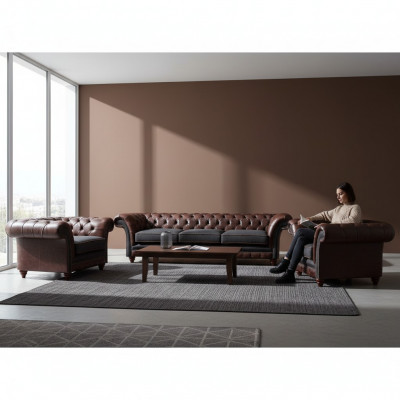Ensemble de canapés Chesterfield brun-gris 2 fauteuils en cuir canapé trois places ensemble 3 pièces