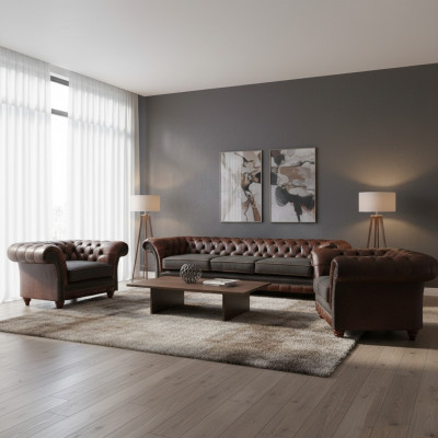 Ensemble de canapés Chesterfield brun-gris 2 fauteuils en cuir canapé trois places ensemble 3 pièces