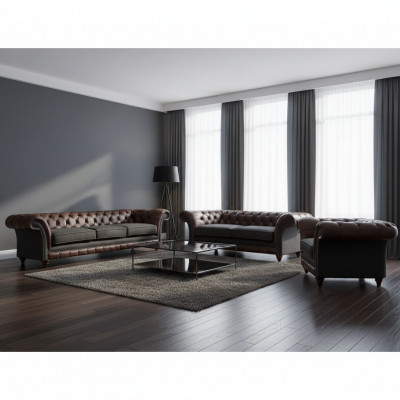 Ensemble complet de canapés en cuir Chesterfield marron-gris, design 3 pièces.