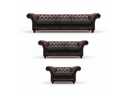 Ensemble complet de canapés en cuir Chesterfield marron-gris, design 3 pièces.