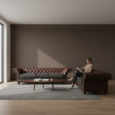 Ensemble de canapés Chesterfield marron-gris pour salon, canapés modernes 2 pièces.