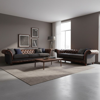 Ensemble de canapés Chesterfield marron-gris pour salon, canapés modernes 2 pièces.