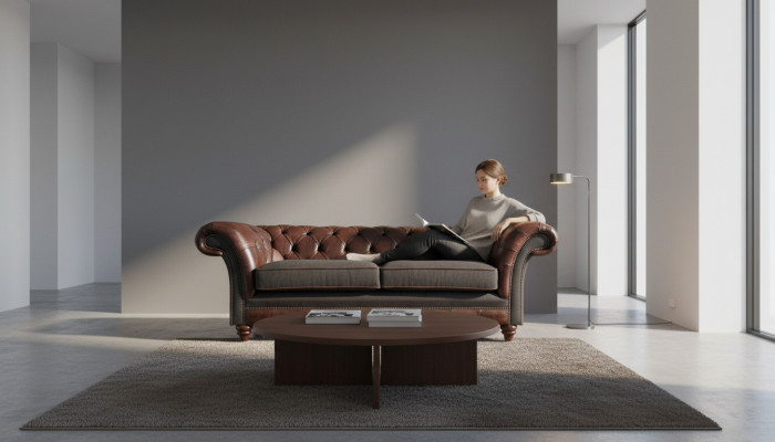 Chesterfield brun-gris à deux places en tissu, Edler, canapé d'appoint pour salon.