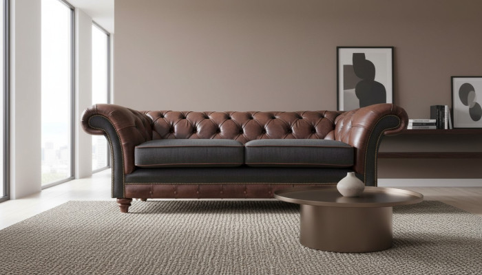 Chesterfield brun-gris à deux places en tissu, Edler, canapé d'appoint pour salon.