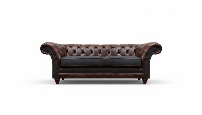 Chesterfield brun-gris à deux places en tissu, Edler, canapé d'appoint pour salon.