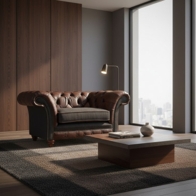 Fauteuil Chesterfield brun-gris pour salon, siège simple, mobilier moderne et élégant.