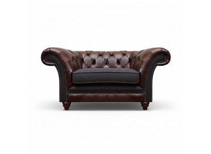 Fauteuil Chesterfield brun-gris pour salon, siège simple, mobilier moderne et élégant.