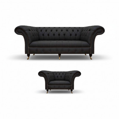 Chesterfield ensemble en tissu noir Designer 3 places fauteuil rembourré 2 pièces.