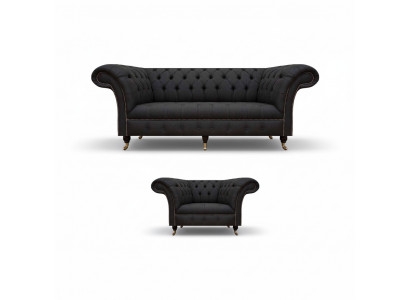 Chesterfield ensemble en tissu noir Designer 3 places fauteuil rembourré 2 pièces.
