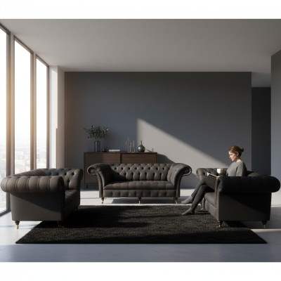 Chesterfield canapé noir pour salon ensemble complet 3 pièces