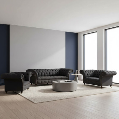 Chesterfield canapé noir pour salon ensemble complet 3 pièces