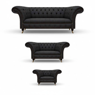 Chesterfield canapé noir pour salon ensemble complet 3 pièces