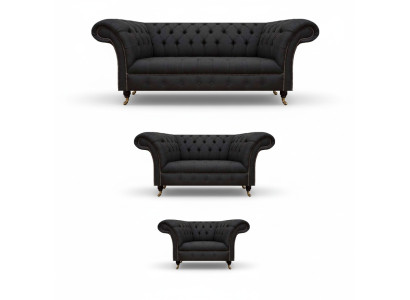 Chesterfield canapé noir pour salon ensemble complet 3 pièces