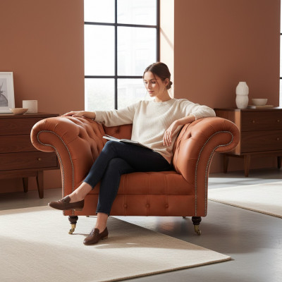 Fauteuil de salon brun en tissu, meuble designer pour une personne.