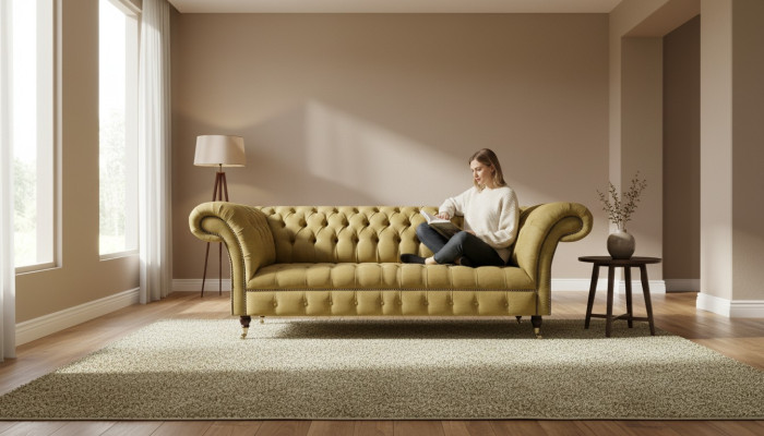 Canapé Chesterfield jaune pour salon, trois places, mobilier luxueux et élégant