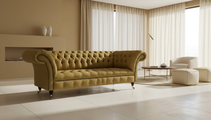 Canapé Chesterfield jaune pour salon, trois places, mobilier luxueux et élégant